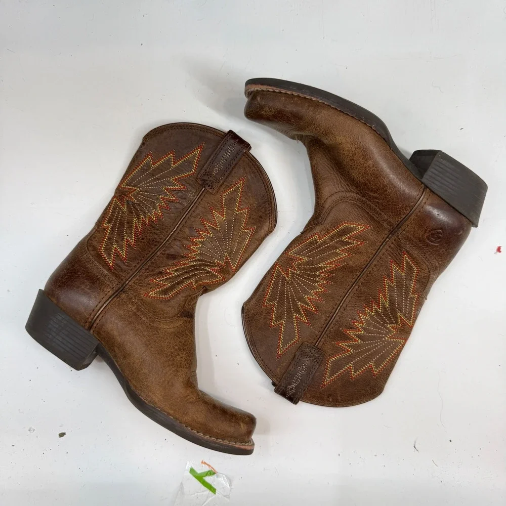 Ariat Western Boots Brown Leather Square Toe Embroidered Kids Size 1 10053623